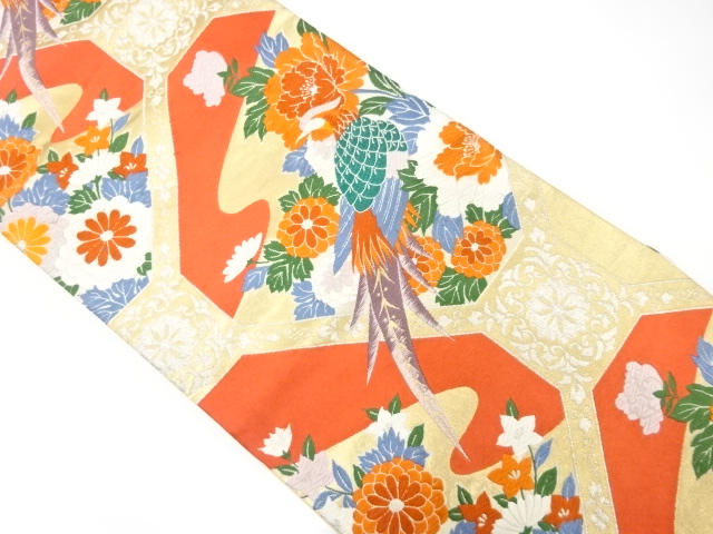 尾長鳥に牡丹・菊・桔梗模様織り出し　袋帯